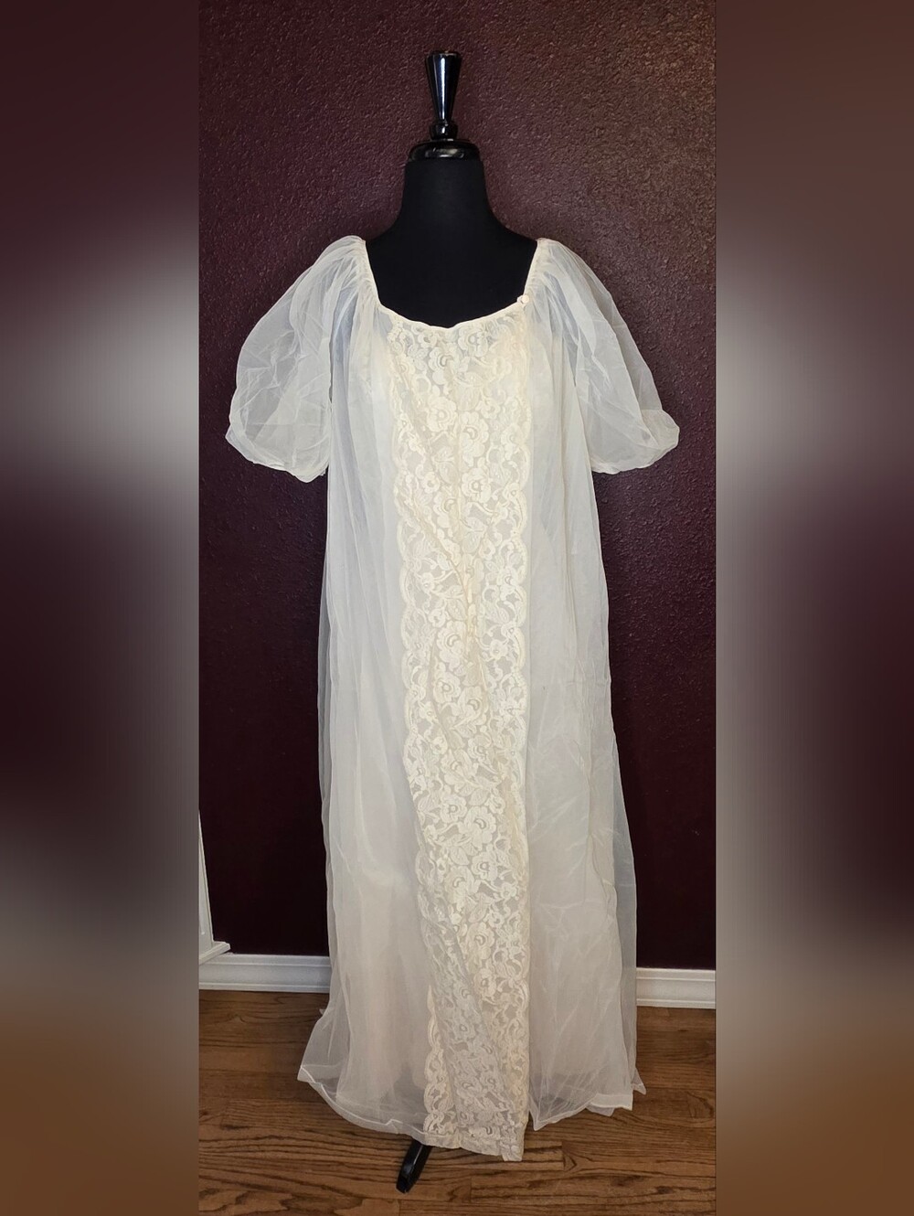 Sheer Vintage 60s/70s Ivory Lace Maxi Nightgown And Robe with Puff Sleeves